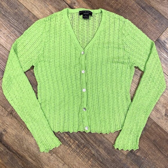 Lime Green COTTAGECORE Crochet Sweater CROPPED CARDIGAN L Whimsy Indie Y2K Boho - Picture 1 of 3